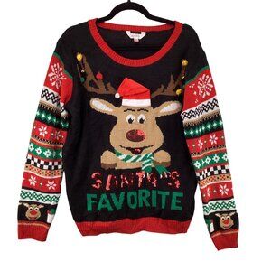 Santas Favorite Christmas Reindeer Sweater‎ Size XXL Bells & Sequins Black Red